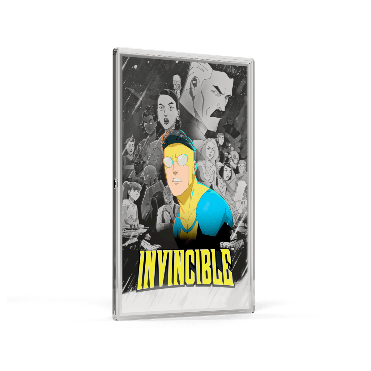 Vintage animated series Invincible cover art collectible 2023, comic book character portraits, star superhero in blue costume with glasses, black-and-white background, dynamic illustration.