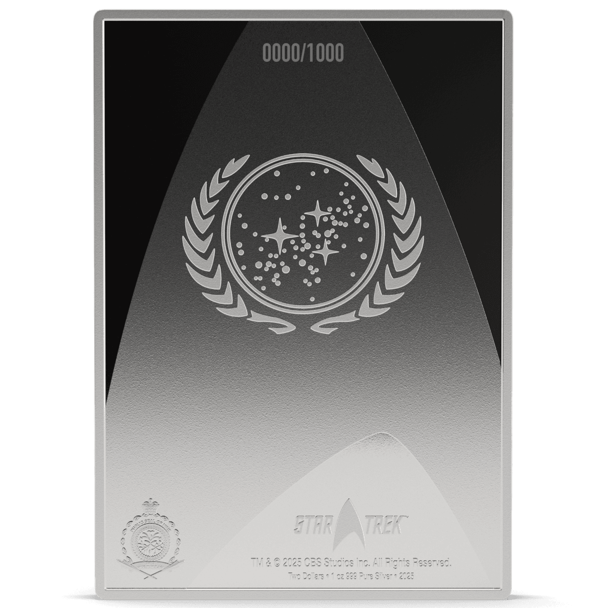 Celestial star map surrounded by laurel wreath on silver collectible coin, 2025 Star Trek themed design, only 999 minted, part of official CBS Studios release.