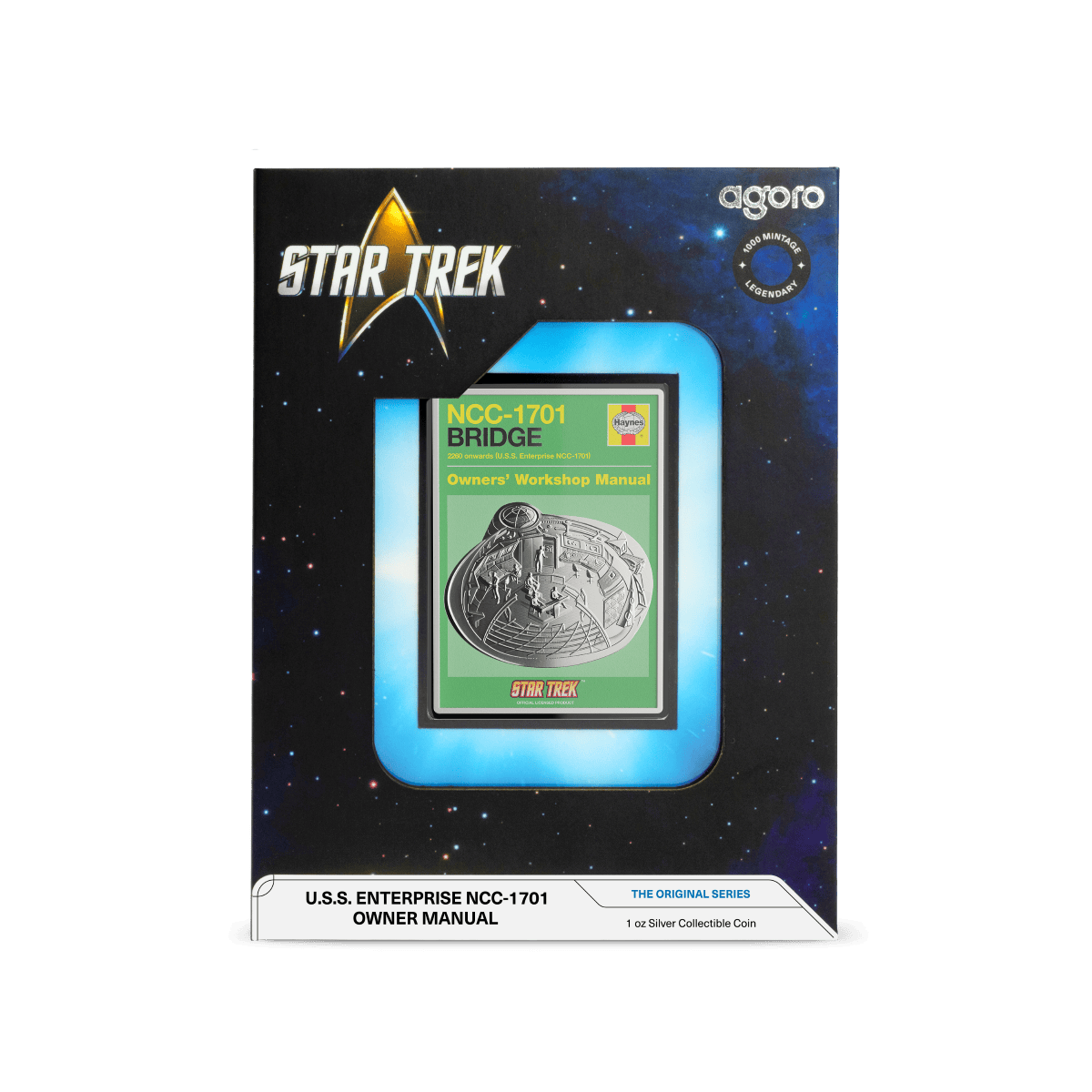 Star Trek collectible coin packaging featuring U.S.S. Enterprise NCC-1701 owner manual in a space-themed box.