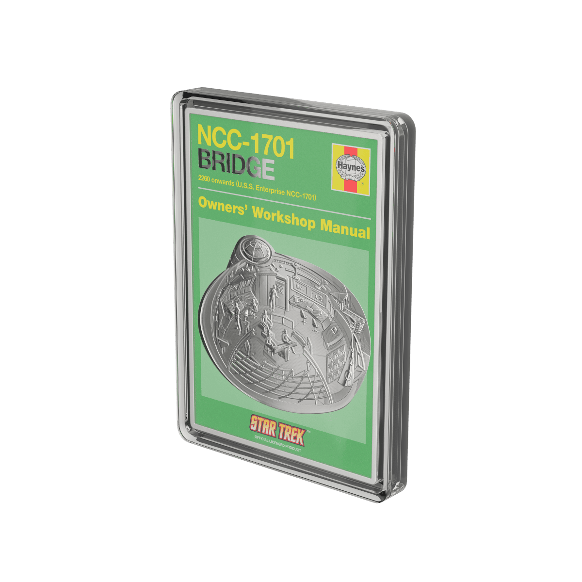 NCC-1701 Bridge Star Trek collectible coin in protective case with green manual cover featuring the U.S.S. Enterprise bridge diagram.