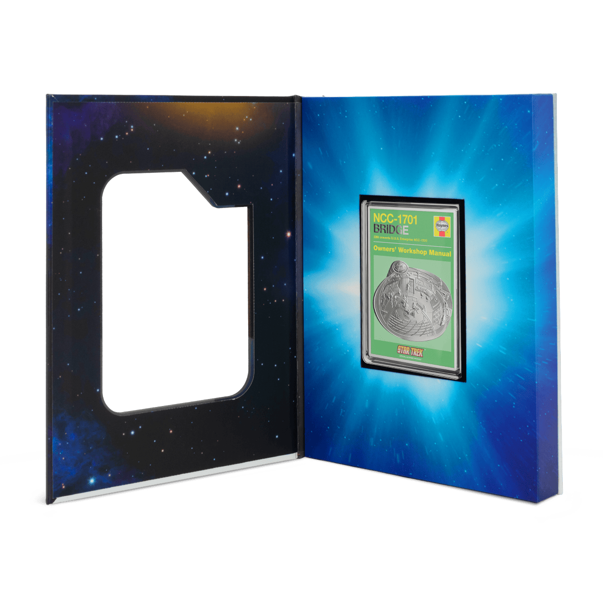 Star Trek NCC-1701 Bridge Owners' Workshop Manual collectible coin in a themed display case, featuring a detailed depiction of the USS Enterprise NCC-1701 from the Star Trek series, with vibrant space background.