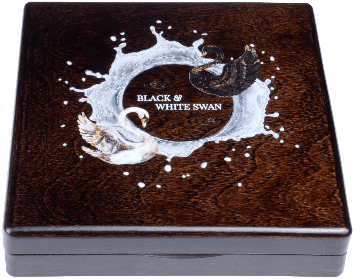 Elegant wooden box featuring a black and white swan design with water splash accents.