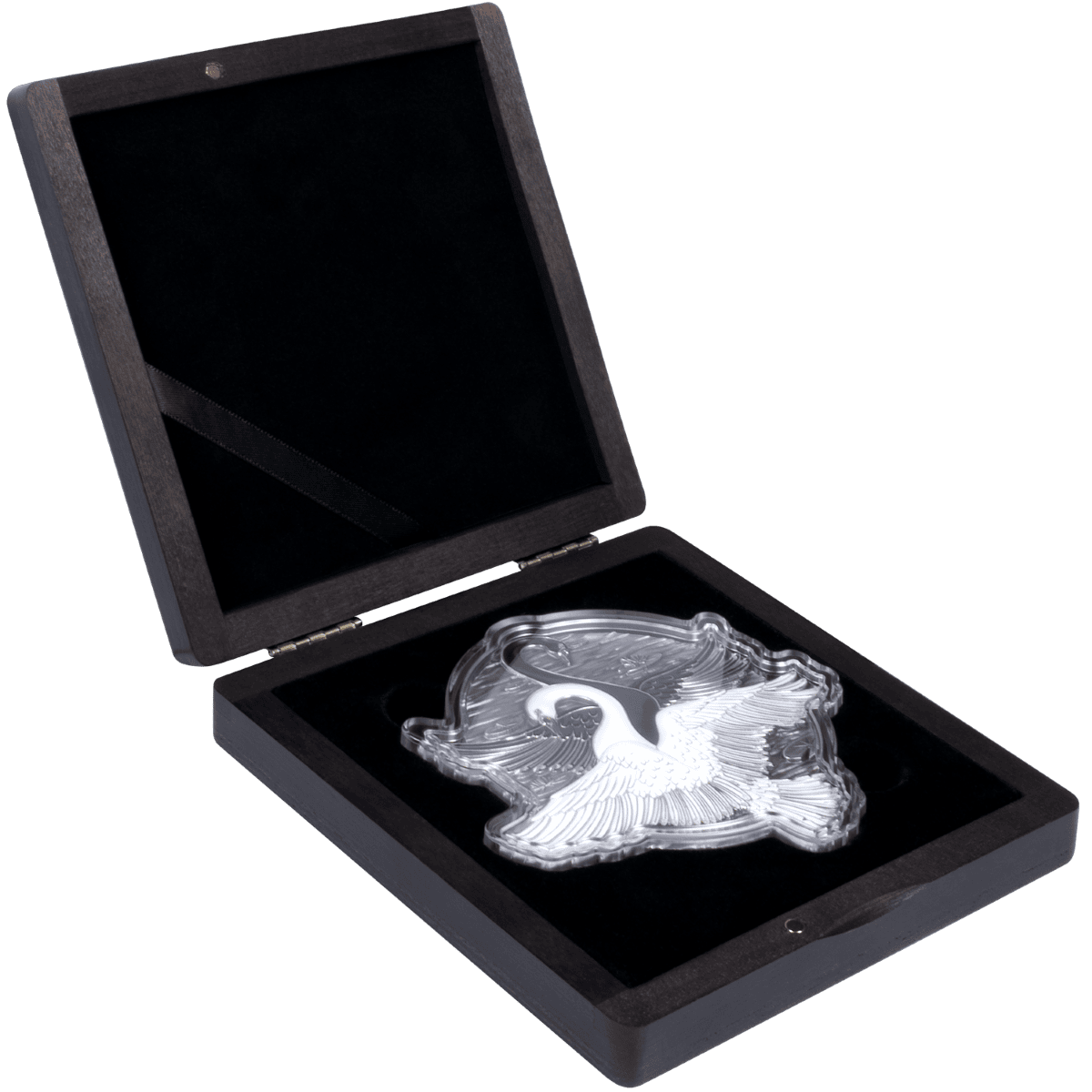Elegant crystal swan sculpture in a black wooden presentation box for luxury gift decor.