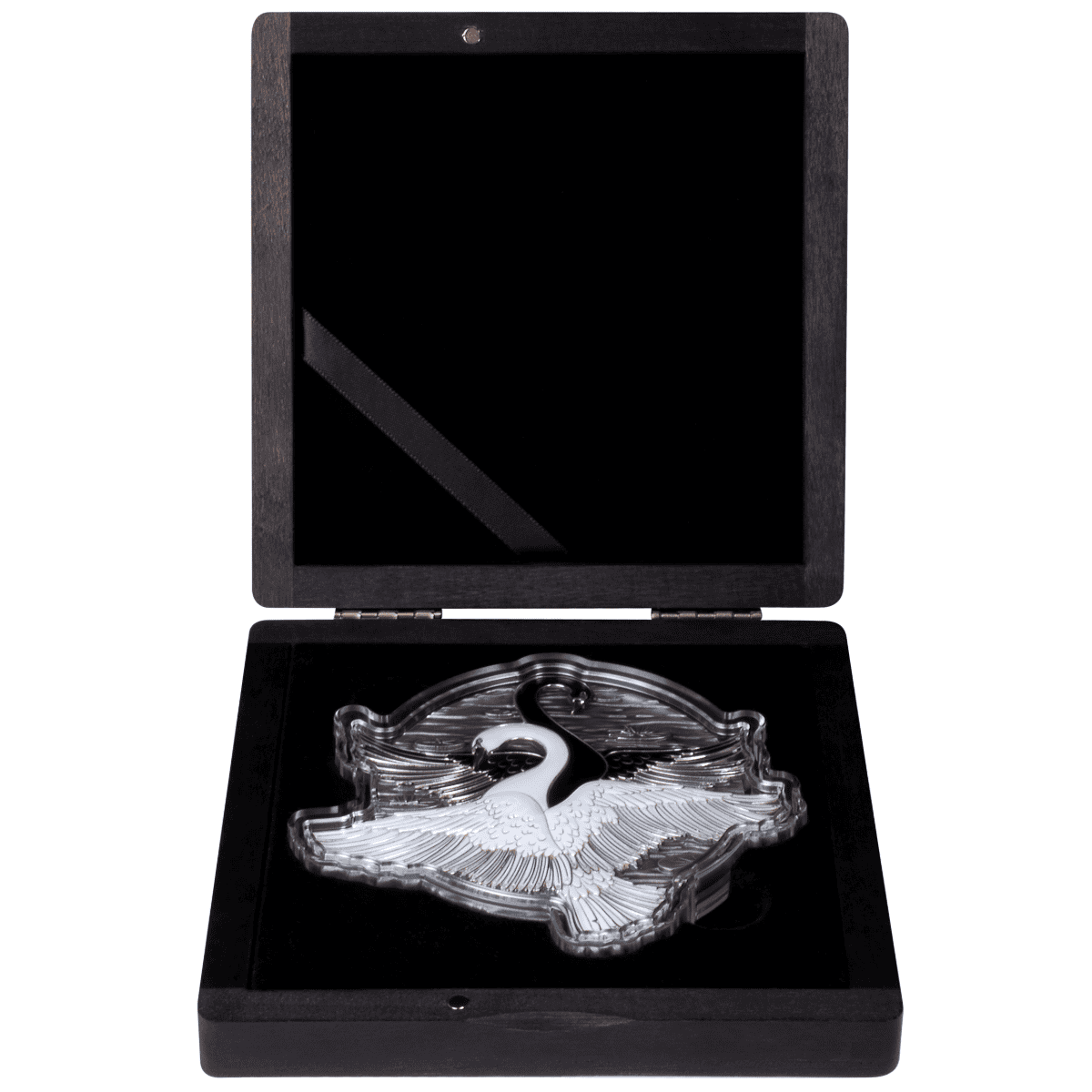 Elegant glass swan ornament in a wooden display box for luxury decor or gift-giving.