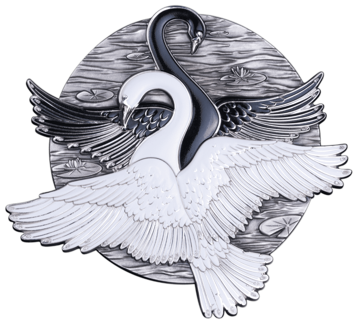 Elegant silver and black swan art piece with intricate feather details, symbolizing grace and sophistication for luxury decor.