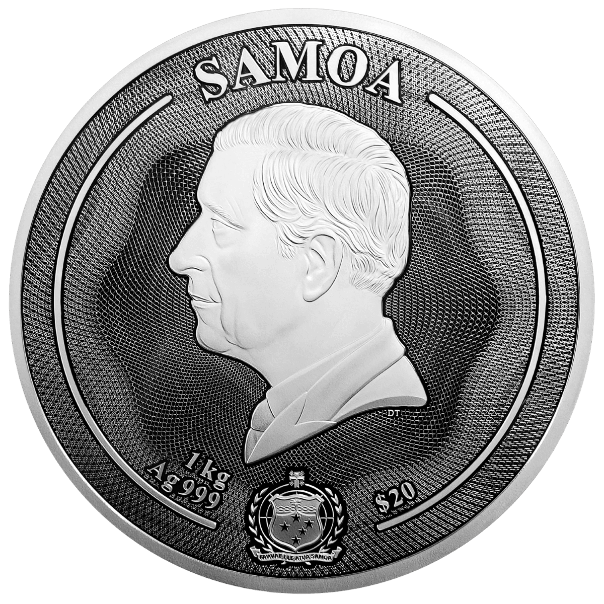 Silver Samoa coin featuring a portrait of a Polynesian leader, 1kg, $20.