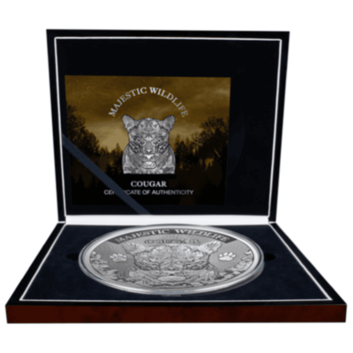 Luxurious silver cougar commemorative coin in black showcase with certification box.