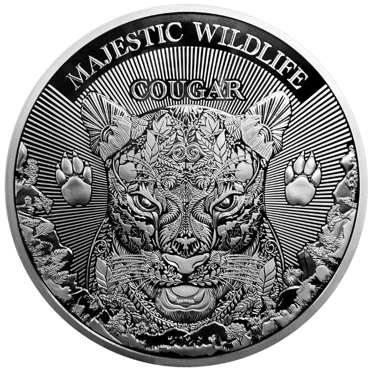 Intricate silver coin featuring a majestic jaguar head with detailed jungle foliage and paw prints.