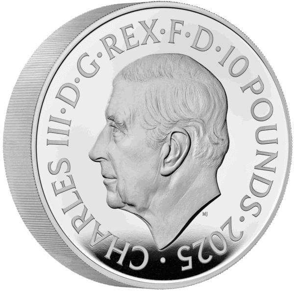 Silver coin with a profile of Queen Elizabeth II, featuring text around the edge.