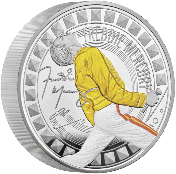 Gold and silver collectible coin featuring Freddie Mercury illustration with signature, celebrating Queen's legendary singer.