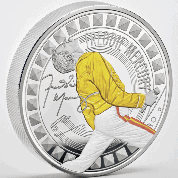 Gold and silver collectible coin featuring Freddie Mercury in iconic pose, detailed engraving, and signature.