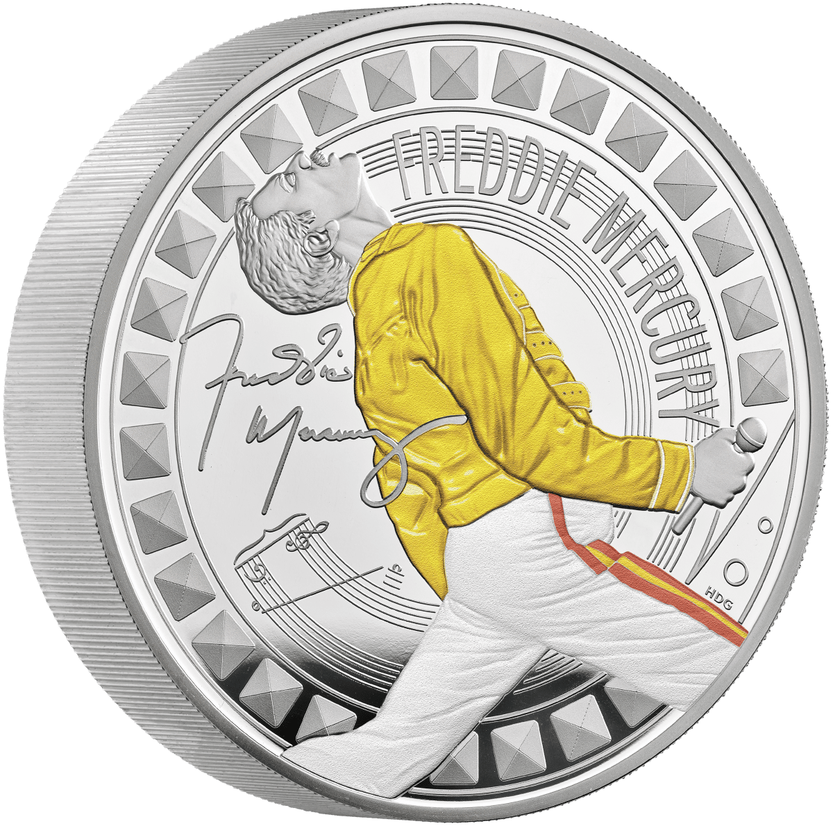 Gold and silver collectible coin featuring Freddie Mercury illustration with signature, celebrating Queen's legendary singer.