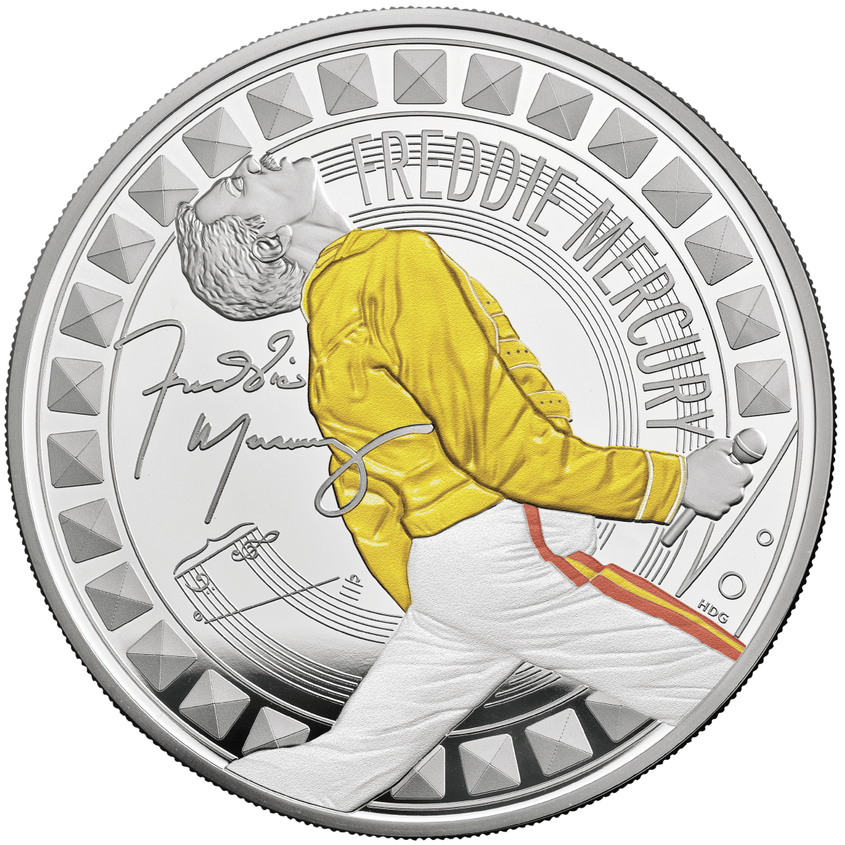 Shirtless man with guitar illustrated on silver coin, custom design, musical art, collectible coin, GR Reserve.