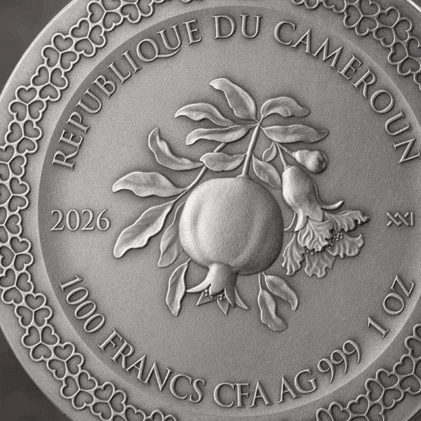 Pomegranate coin detailed close-up with the inscription "Republique du Cameroun" and 2026.