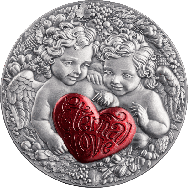 Luxurious silver collectible coin featuring cherubs holding a red heart engraved with "Eternal Love". Perfect for romantic gift or special occasion.