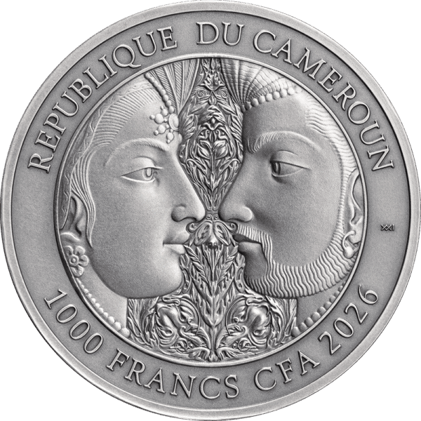 Shiny silver coin featuring traditional Cameroonian face artwork, embossed with "Republique du Cameroun" and "1000 Frcs CFA 2026".