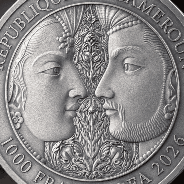 Face of a coin depicting a woman and a man in a detailed, engraved design, symbolizing unity and heritage.