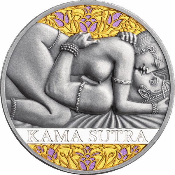 Intricate silver and gold design of a Kamasutra-themed coin with detailed embossed figures and floral accents for collectible currency.