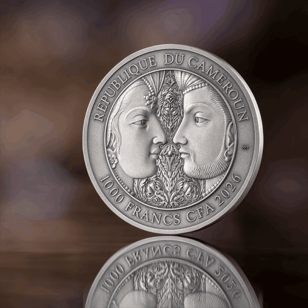 Precious metal Cameroonian coin with intricate design, showcasing cultural heritage and high-value currency for collectors.