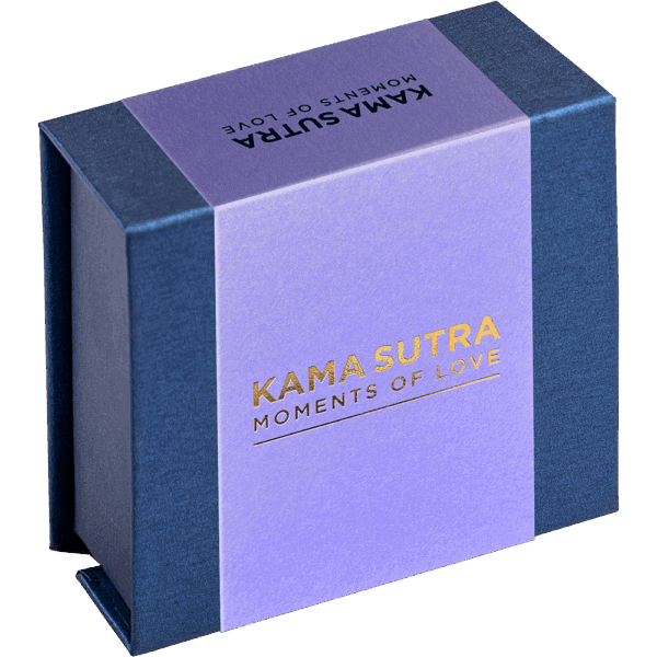 Elegant purple and navy gift box with gold embossed branding for Kama Sutra Moments of Love.