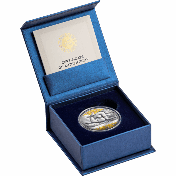 Precious metal coin in blue presentation box with certificate of authenticity for investment.