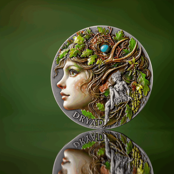 Woman's face coin art with intricate nature and fairy design, green background, artistic collectible coin.