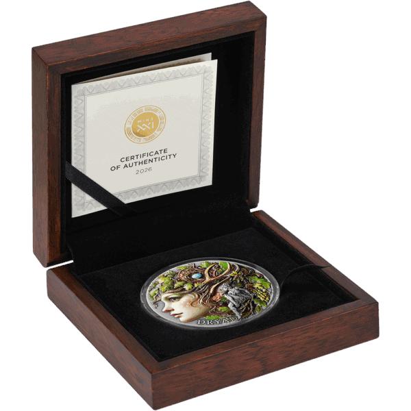 Vintage coin in a wooden presentation box with certificate of authenticity for collector's memorabilia.