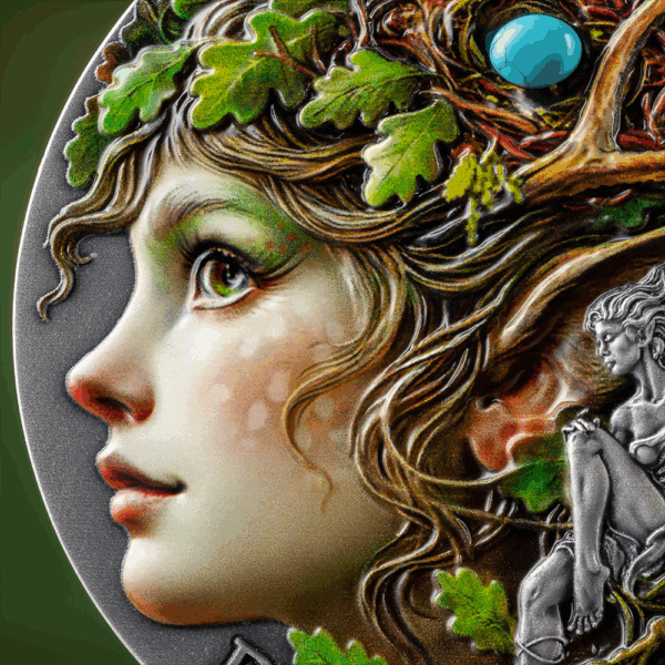 Angelic woman face coin with intricate nature-inspired details and mythical themes, emphasizing luxury and artistry in coin design, ideal for collectors and investors.