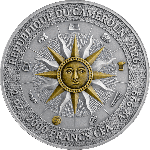 1880x1880 pixels coin from Cameroon with sun and moon motif and detailed engravings, highlighting Cameroon's currency and culture.