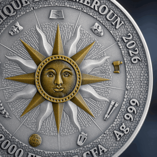 Solar compass coin, luxury coin with sun face design and detailed engravings, gold and silver finish for collectibles and investments.