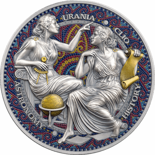Urania and Chloe depicted on a decorative silver coin with colorful mosaic background.