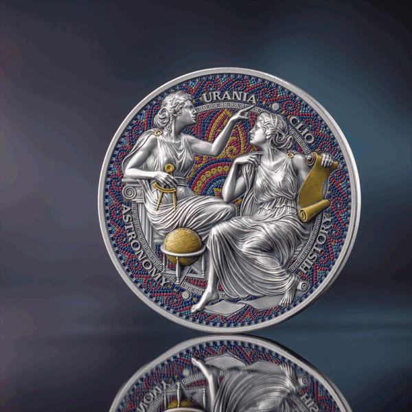 Luxurious silver coin with intricate gemstone details and classical mythological design for investment or collection.