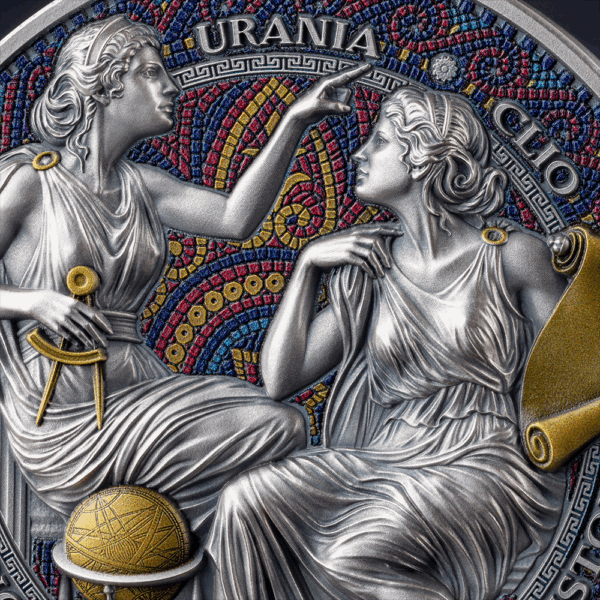 Urania and Clio silver coin with colorful mosaic background, detailed ancient Greek mythological design, collectible commemorative money piece.