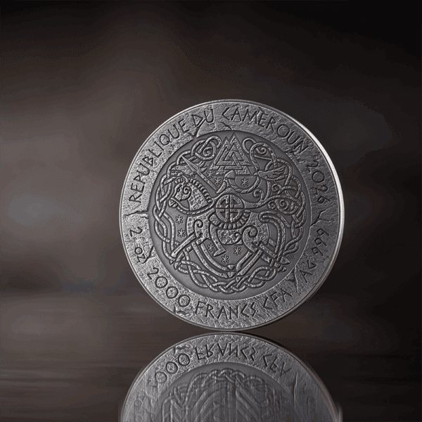 Cameroon 2024 silver coin featuring intricate Celtic-style design and national emblem, showcasing exquisite craftsmanship.