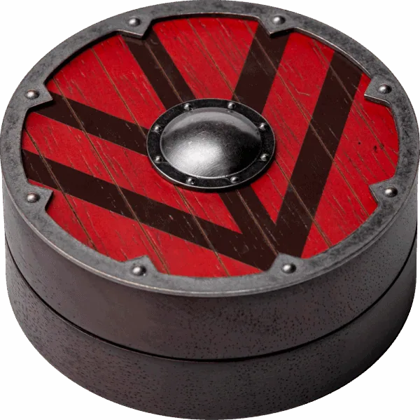 Vintage wooden shield with red and black paint, metal accents, and a central boss - reminiscent of historical armor.