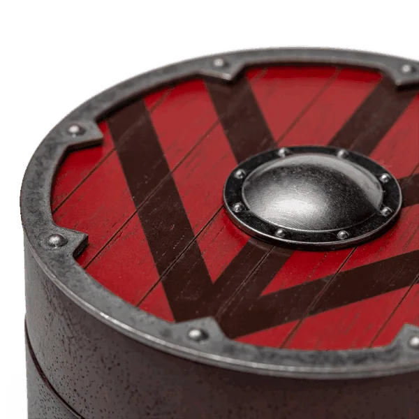 Vintage Viking shield with red and black design for Viking decor.