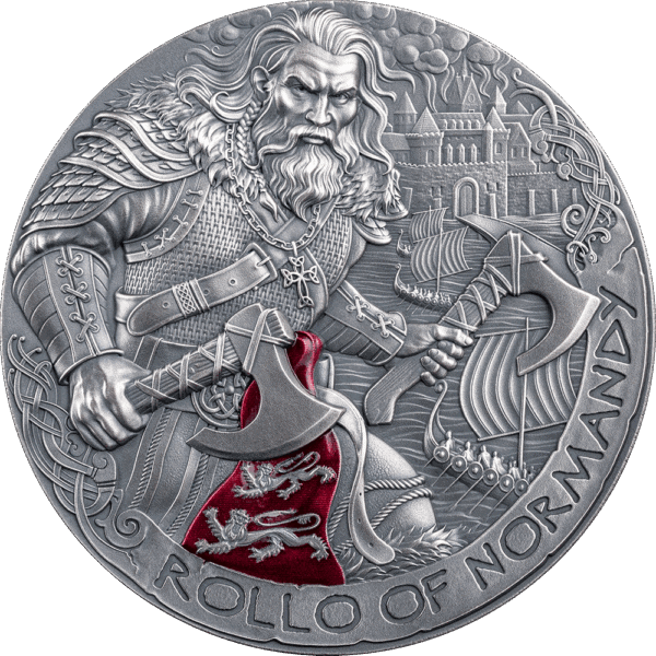 Viking warrior holding axe with detailed armor and a medieval ship in background, silver coin design.