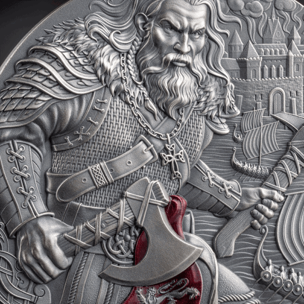 Viking warrior engraved coin with Norse mythology design and ship sailing background.