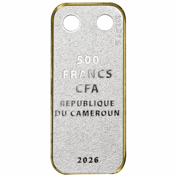 Gold-colored Cameroonian 500 Francs commemorative coin from 2026, rectangular shape with rounded edges, featuring inscriptions and official markings.