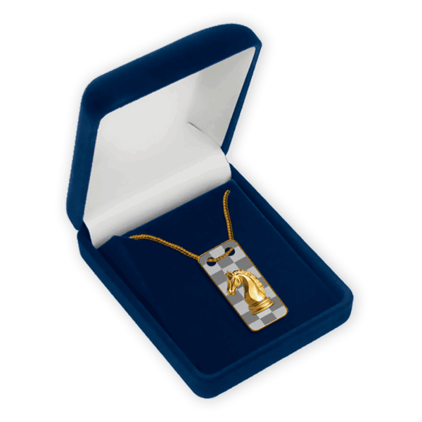 Shenzhen Chess Piece Pendant Necklace in Gold with Chessboard Design in Gift Box.