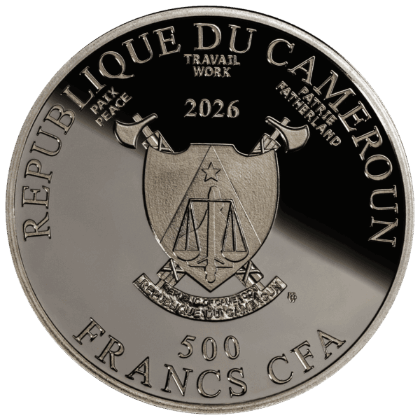 Cameroon 2026 500 Francs CFA commemorative coin featuring a shield with scales of justice, star, and crossed swords, symbolizing justice, peace, and patriotism, with inscriptions in French.