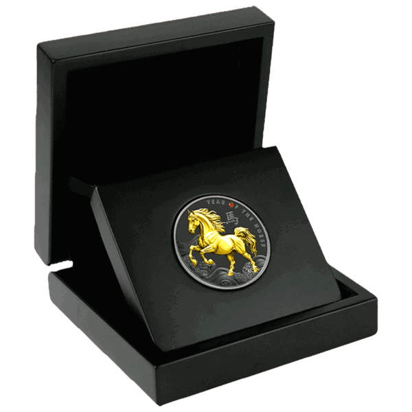 Golden Year of the Horse 2024 commemorative coin in a black presentation box, featuring a detailed image of a galloping horse with Chinese characters and "Year of the Horse" inscription.