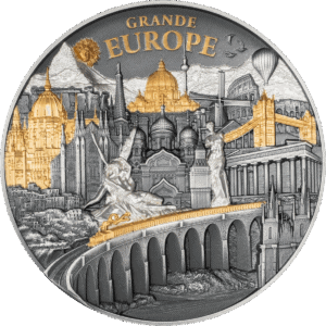 Intricate 3 oz silver antiqued coin showcasing European landmarks and iconic monuments in a detailed design.