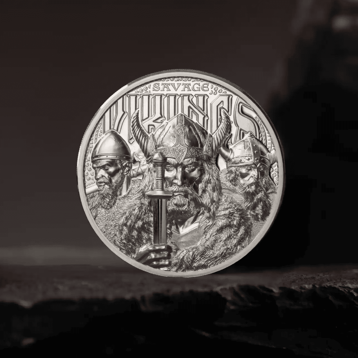 Viking warrior coin featuring detailed engraved faces of legendary Norse figures and a central Viking with a sword.