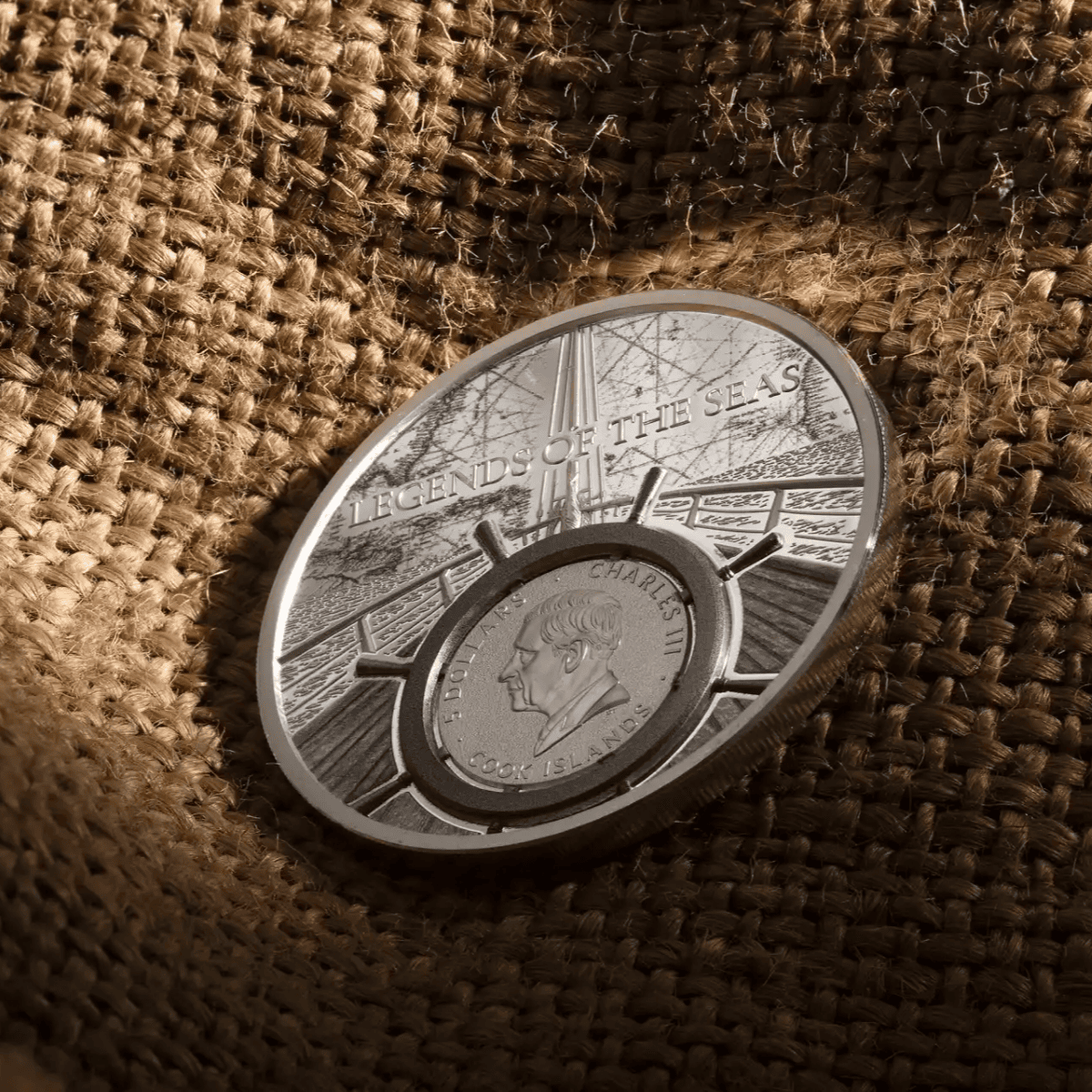 Legends of the Seas Santa Maria 1 oz Silver Coin with detailed maritime design and Charles III profile.