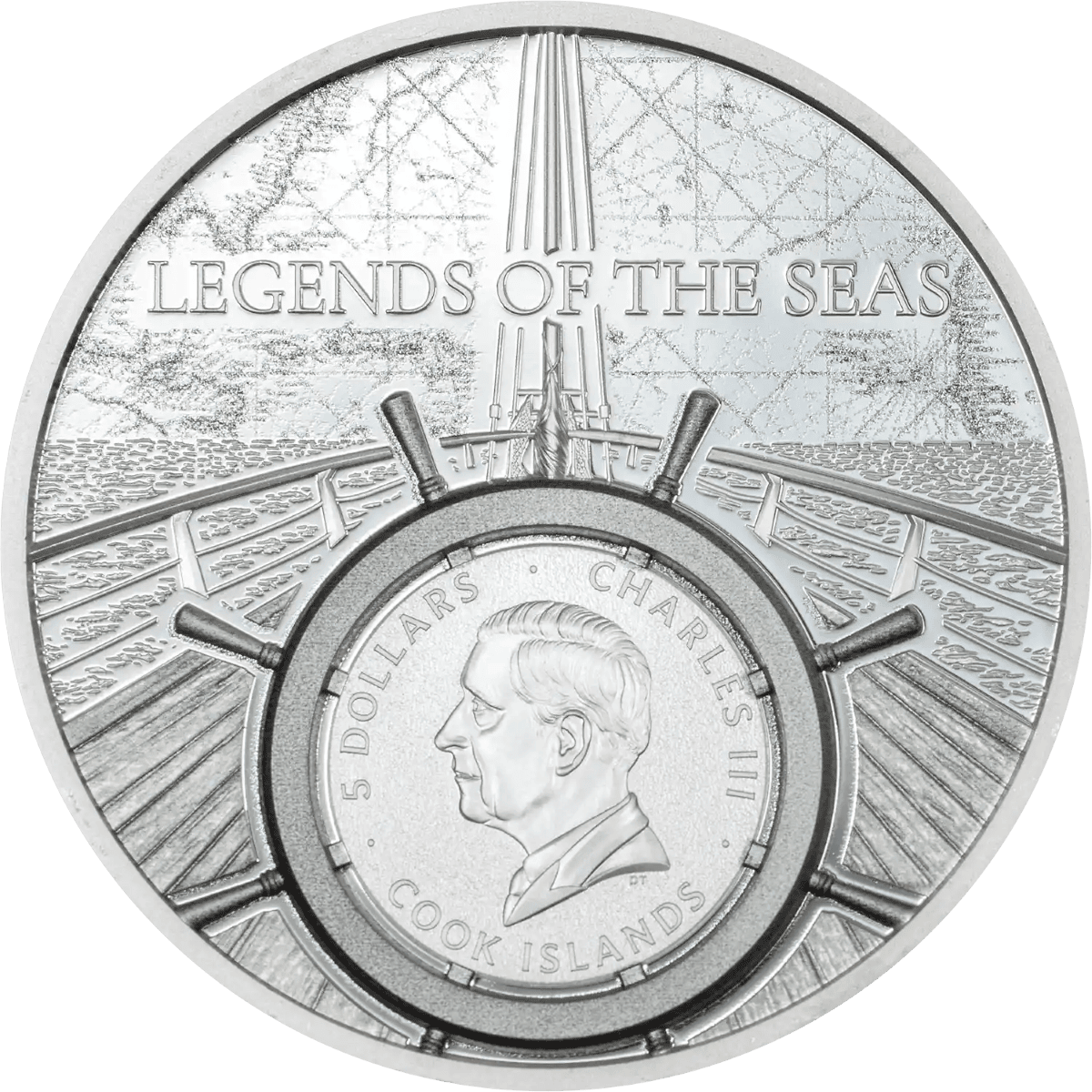 Silver coin featuring a ship and the text "Legends of the Seas" and "Cook Islands".