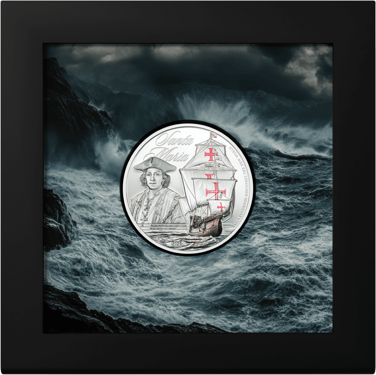 Silver coin featuring Santa Maria ship and Columbus, set against stormy ocean background.