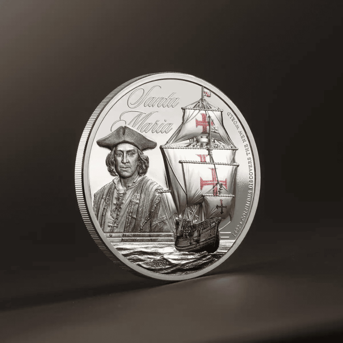 Detailed image of a 2026 Cook Islands Legends of the Seas Santa Maria 1 oz silver coin showcasing a historical ship and a portrait.