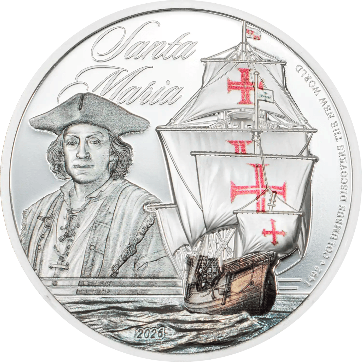 Shiny silver coin featuring a historic sailing ship and a portrait of Santa Maria.