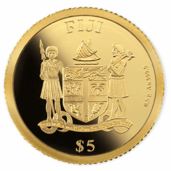 Fiji $5 gold coin featuring traditional Fijian warriors and national crest.